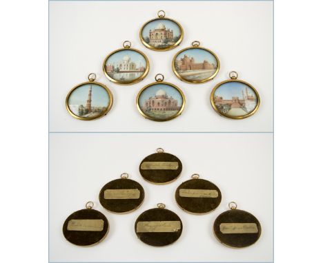 INDIAN GRAND TOUR MINIATURES, a series of six, each depicting an architectural view, with handwritten descriptive labels vers