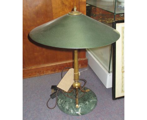 TABLE LAMP, the green metal shade on a brass tapering column and marble base, 40cm W x 54cm H.