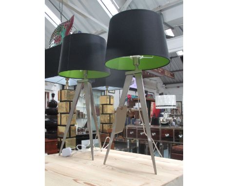 CONTEMPORARY TABLE LAMPS, a pair, angular brushed chrome tripod base with tapered black shades with green lining, 53.5cm H. (