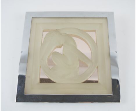 WALL PANEL, Art Deco moulded glass, mirrored and chrome framed depicting a crouching female figure, 24cm x 24cm. (ideally bac