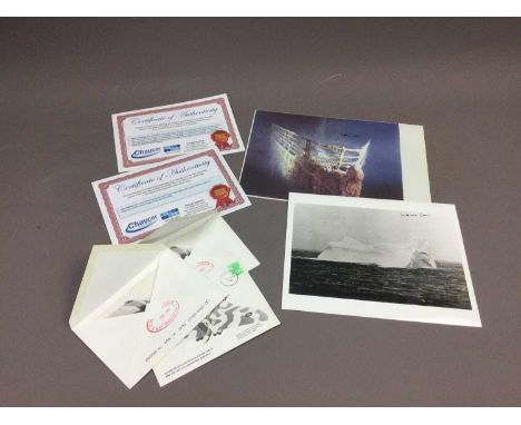 TWO TITANTIC INTEREST PHOTOGRAPHS,the bow of the titantic underwater and an iceberg, both signed by survivor Millvina Dean, b