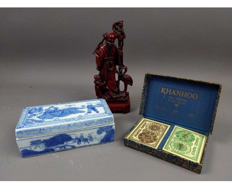 CHINESE BLUE AND WHITE LIDDED BOX,along with a resin figure Shou Lao, a Chinese playing card game, an Indian rosewater spraye