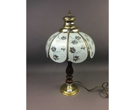 TABLE LAMP WITH ETCHED PANELLED SHADE,floral decorated, with turned oak column and brassed metal mounts and base, height over