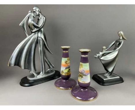 PAIR OF NORITAKE CANDLESTICKS,each decorated with cottage in landscape on a purple ground, 21cm high, three brass vases, a ca