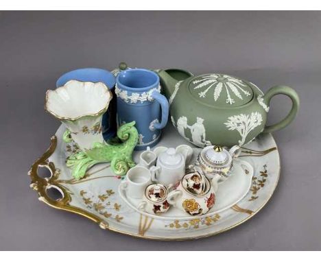 WEDGWOOD TEAPOT, SUGAR AND CREAM,along with a vase and jug, cabaret tray, doll's tea china, and a cornucopia vase