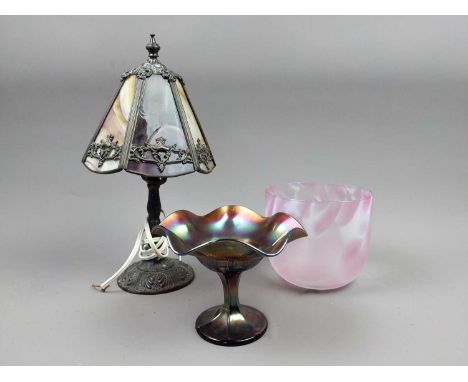 THREE CARNIVAL GLASS DISHES, along with character jugs, table lamp, glass ware and figures