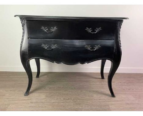 COMMODE CHEST AND PAIR OF BEDSIDE TABLES BY COACH HOUSE FURNITURE,all of serpentine outline, ebonised finish with inset black