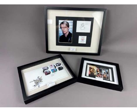 FRAMED DAVID BOWIE ROYAL MAIL FIRST DAY COVER, mounted, framed and under glass, 22cm x 27cm overall size, along with framed D