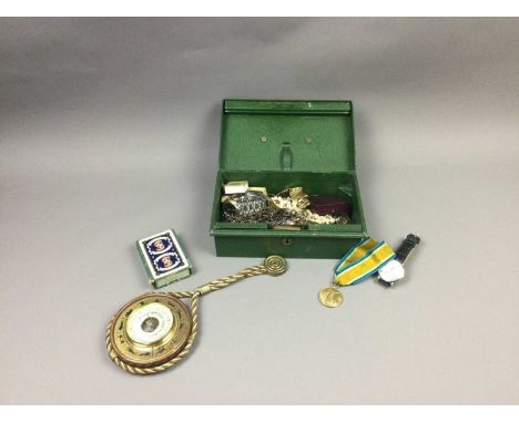 LOT OF COSTUME JEWELLERY AND WATCHES,along with a small group of coins and a small barometer