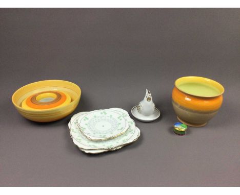 COLLECTION OF SHELLEY ART POTTERY,in linear orange, yellow and brown colourways, comprising a bowl, 24cm diameter, vase, lidd