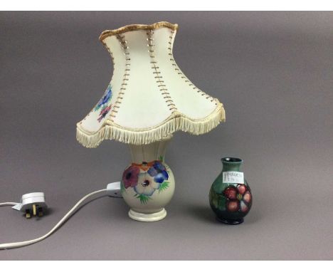 CLARICE CLIFF FOR NEWPORT TABLE LAMP,37cm high, along with a small Moorcroft vase (2)