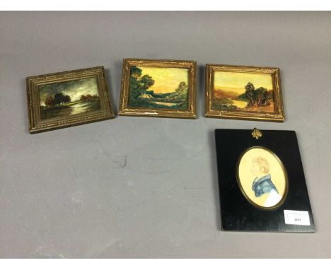 THREE MINIATURE OIL LANDSCAPES,along with a 19th Century miniature head and shoulders portrait of a gentleman, in profile (4)