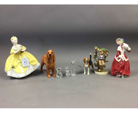 TWO ROYAL DOULTON LADIES,along with a Beswick dog, another dog, three Hummel figures, and three Swarovski animals (10)