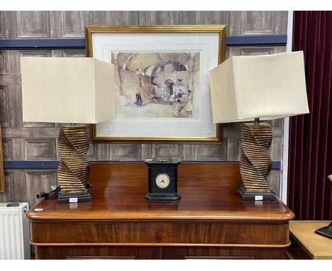 PAIR OF TABLE LAMPS BY COACH HOUSE FURNITURE,gilt and ribbed finish of helix form, approximately 43cm high excluding figment 