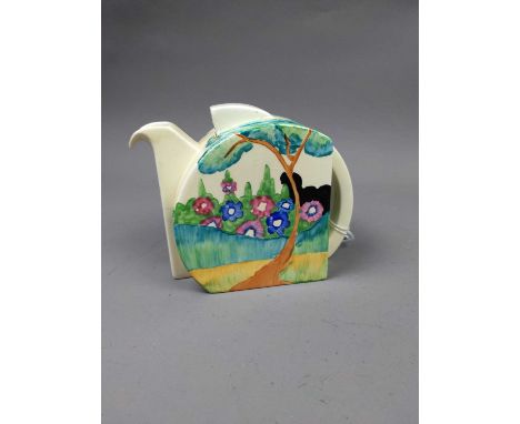CLARICE CLIFF 'BIZARRE' ART DECO TEA POT,painted with stylised garden scenery in shades of green, red and blue, Wilkinson bac