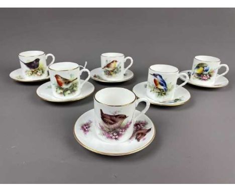 SIX ROYAL WORCESTER 'BEST-LOVED BIRDS' COLLECTION COFFEE CUPS AND SAUCERS,comprising 'The Bluetit', 'The Wren', 'The Blackbir