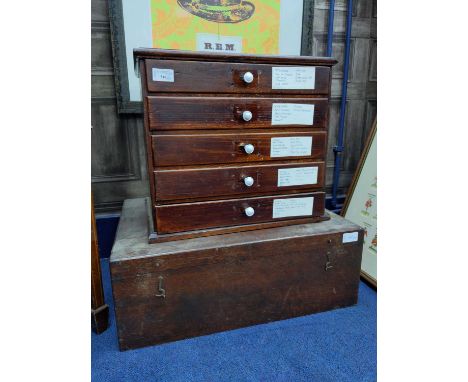 STAINED WOOD FIVE DRAWER COLLECTORS CHEST, containing vintage tools, along with a wood storage box