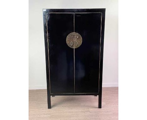 EBONISED WARDROBE AND COFFEE TABLE IN THE CHINESE TASTE BY COACH HOUSE FURNITURE,the wardrobe with hanging rail above two sho
