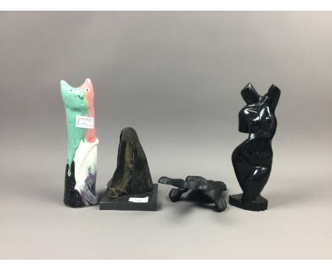 CAST IRON BEETLE FORM BOOT JACK,also an ebonised female torso, a ceramic cat and a driftwood sculpture