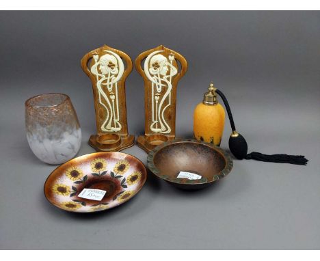 PAIR OF ART NOUVEAU STYLE SCONCES,with a hammered copper finger bowl, enamel dish, Monart style vase and a French glass perfu