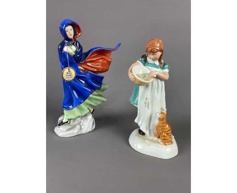 FIVE ROYAL DOULTON FIGURES,comprising 'May', 'Childhood Days', 'Pollyanna', 'Sharon', and 'Polly Put the Kettle On'