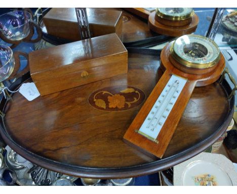 INLAID MAHOGANY TWIN HANDLED SERVING TRAY, along with a glove box, wall barometer and glass dish on wood stand