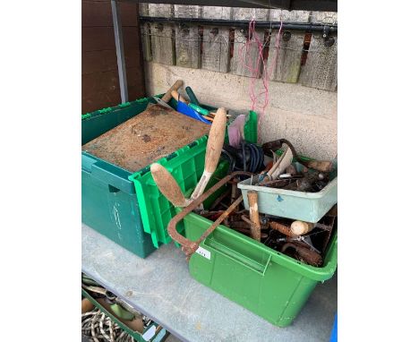 2 plastic crates of vintage hand tools, condition requests and additional images will not be given for lots in this sale 