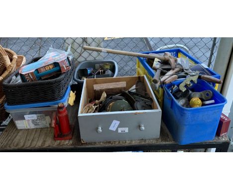Shelf of mainly hand tools to include axes, hammers, screwdrivers, gardening shears, Black &amp; Decker drill bits etc, condi
