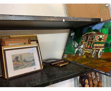 Shelf of framed pictures &amp; stained glass window, condition requests and additional images will not be given for lots in t