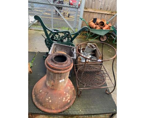 Pair of green metal bench ends, large square planter, another pot, wooden box containing metal plant pots and terracotta chim