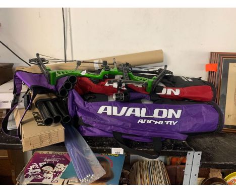Shelf of Archery equipment including recurve bows, compound bow, arrows, quivers, fletching tools, condition requests and add