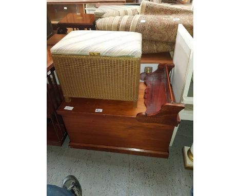 Wooden trunk, Lloyd Loom style ottoman &amp; wooden shelf, condition requests and additional images will not be given for lot