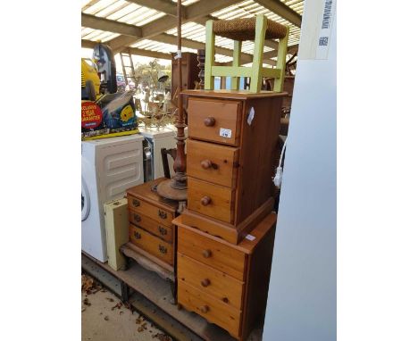 Pine chest of 3 drawers along with another similar, stool, lamp stands, wooden magazine rack, 2 chairs etc, condition request