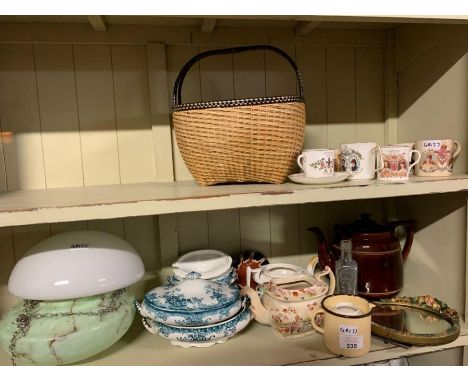 Shelf &amp; half of glass ceiling lights, teapots, tureens, Coronation ware, mirror etc, condition requests and additional im