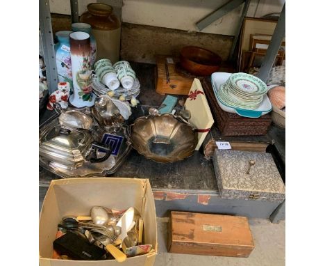 Shelf to include Gladstone cups &amp; saucers, plated tea pot, jugs, vases, earthenware pot etc condition requests and additi