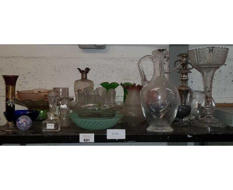 Shelf of glass to include vases, Miss Dior perfume bottle, plated candelabra, condition requests and additional images will n