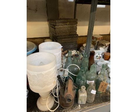 Half shelf of old glass bottles. glass table lamps, angle poise style lamp &amp; boxed plates, condition requests and additio