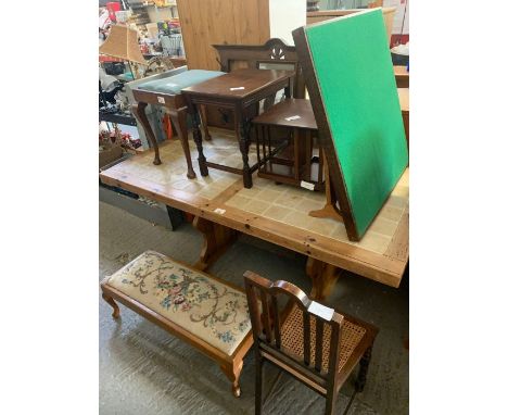 7 pieces of furniture to include a tapestry footstool, side tables, fire screen etc, condition requests and additional images