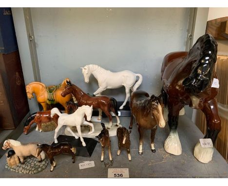 Shelf of Horse statues to include Beswick examples, a large Shire Horse, condition requests and additional images will not be