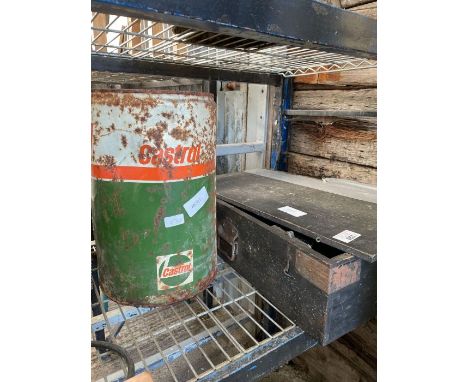Metal Castrol oil can, wooden box containing Dunlop gauge, condition requests and additional images will not be given for lot