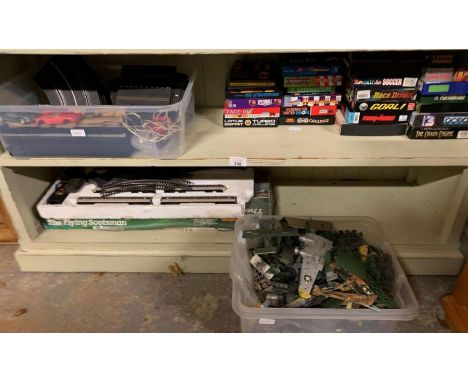 2 shelves of toys to include Scalextric, Flying Scotsman Hornby, Army figures, toy tanks, Commodore computer games etc, condi