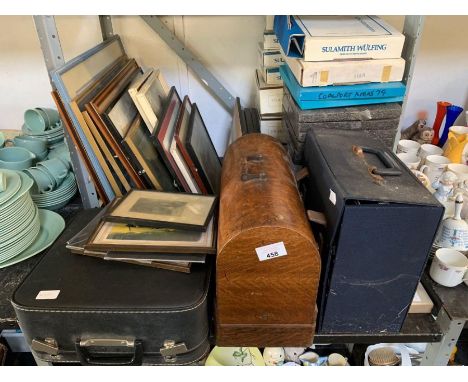 Shelf of framed pictures, boxed plates, records, sewing machine, typewriter etc condition requests and additional images will