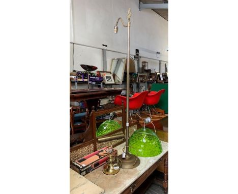 Brass Laura Ashley standard lamp, desk lamp, green plastic ceiling light shade &amp; boxed Tasco telescope, condition request