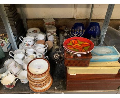 Shelf of items to include Royal Horticultural china, metal candlestick holders, tea pots, clock, cigarette cards etc conditio