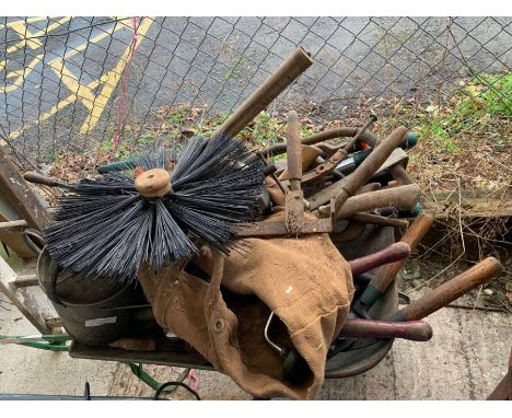 Metal wheelbarrow containing vintage hand tools, condition requests and additional images will not be given for lots in this 
