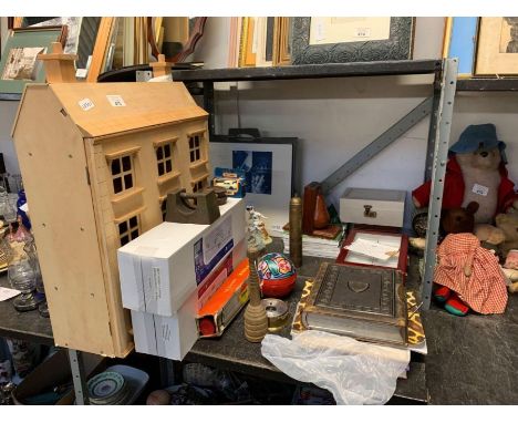 Shelf to include dolls house, weights, barometer, wall light, brass candlesticks, bookends, ornaments etc condition requests 