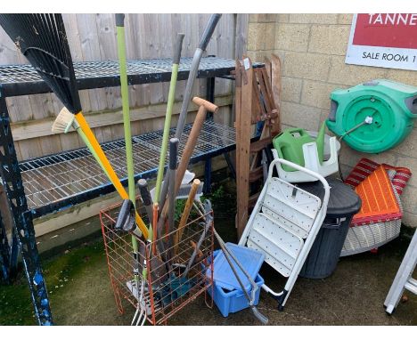 Wooden steps, metal steps, 2 plastic bins &amp; garden tools,condition requests and additional images will not be given for l