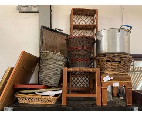 Shelf of wicker baskets, footstools, shelving unit, trays etc condition requests and additional images will not be given for 