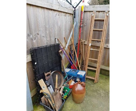 Garden tools, large dog crate, wooden triple ladder &amp; various tools, condition requests and additional images will not be