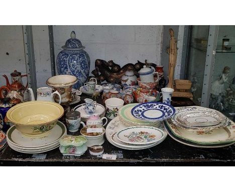 Shelf of plates, meat plates, blue &amp; white ginger jar, teapots etc, condition requests and additional images will not be 